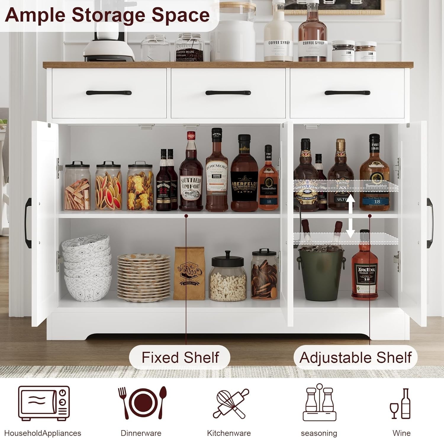 Modern Sideboard Cabinet White Brown – 3 Drawers 3 Doors, 108.5cm Storage