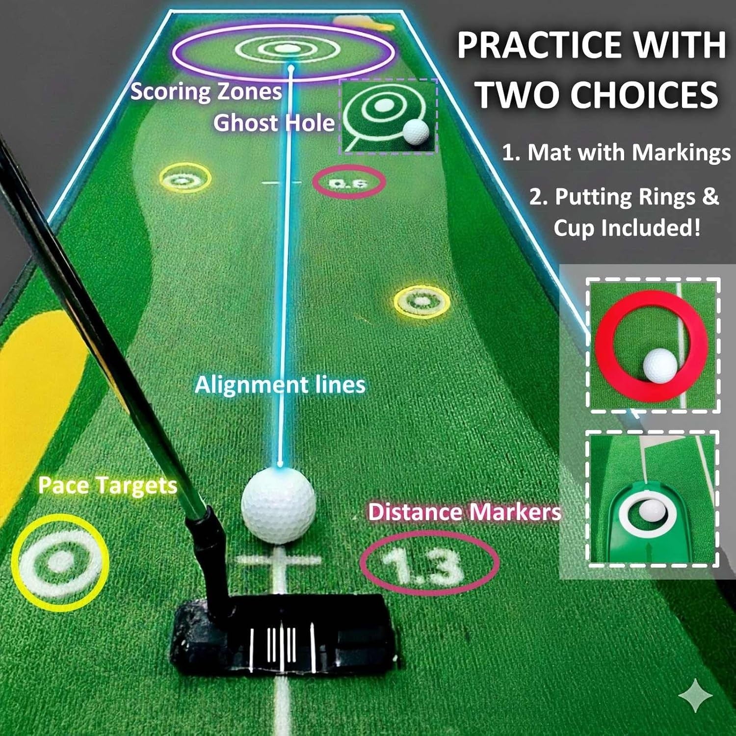 10ft Indoor Golf Putting Green Mat w/ Mirror Cup Rings Brush Practice Set