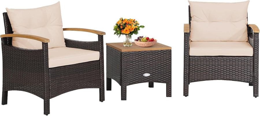 Outdoor Rattan Bistro Set 3-Piece Patio Sofa Table & Chairs with Cushions