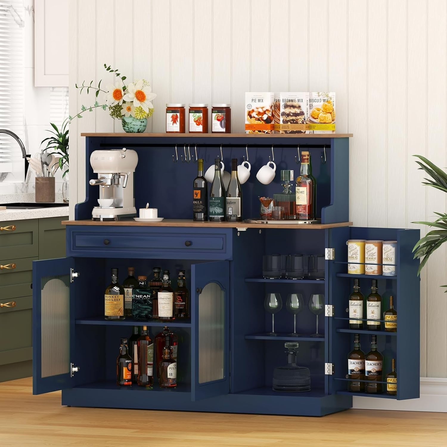 Kitchen Pantry Cupboard Microwave Cabinet Coffee Station Blue