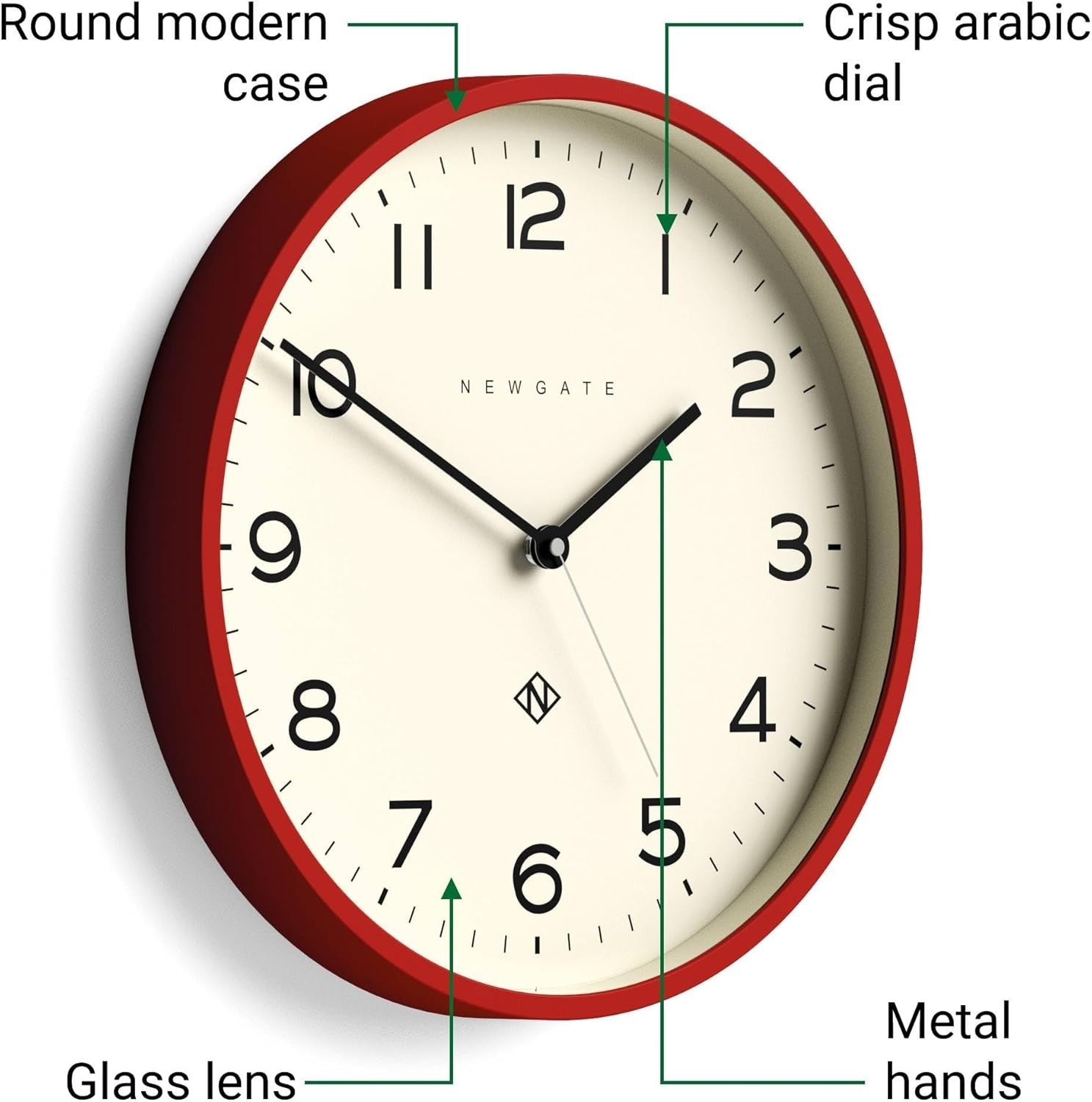 Large 37cm Red Round Wall Clock | Silent Sweep Quartz | Kitchen, Living Room