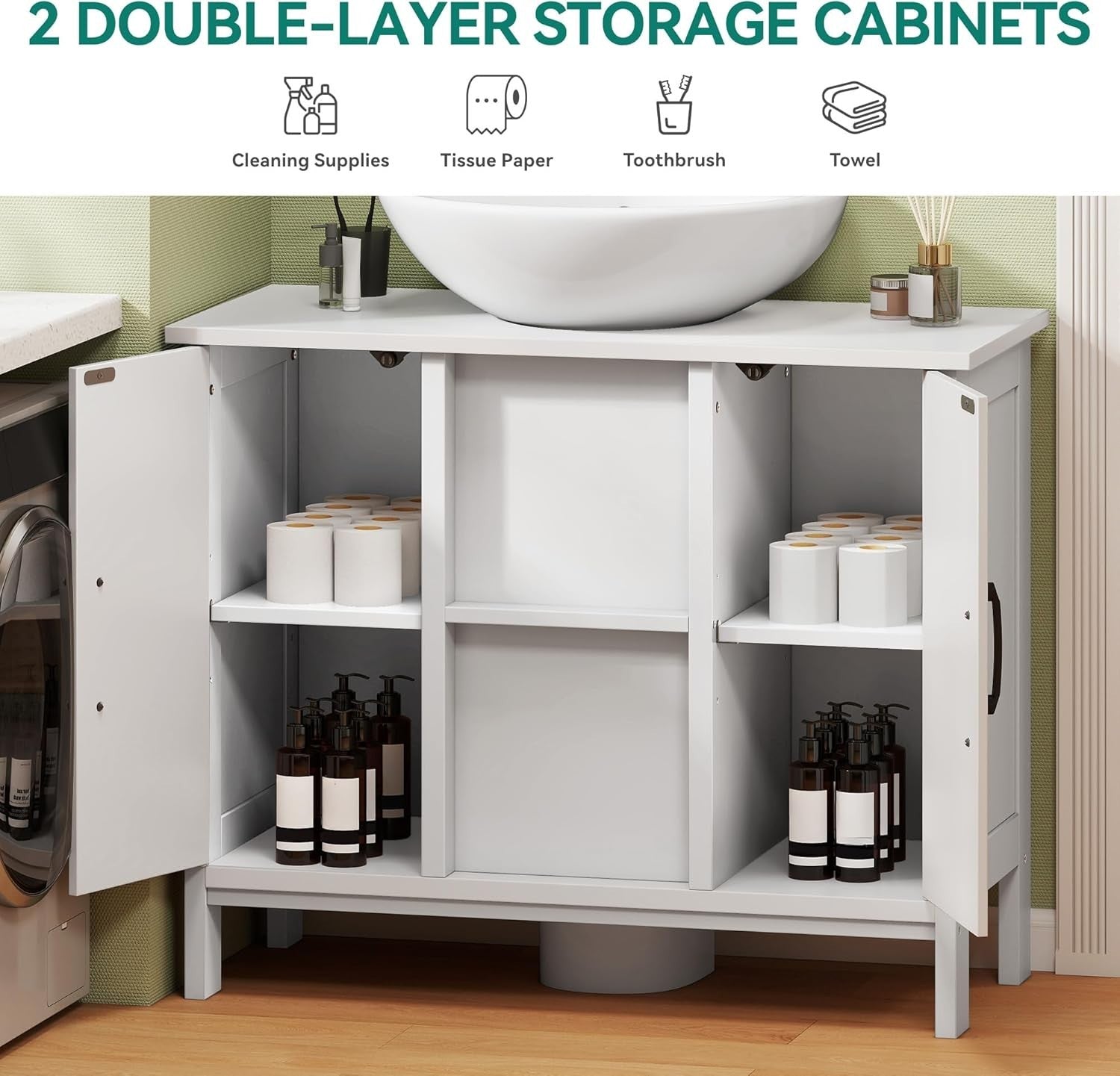 Under Sink Bathroom Cabinet White Storage Unit – 2 Doors, Slim Design, 70x30x60