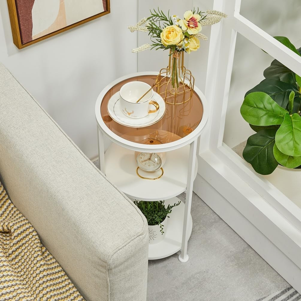 Modern White Round Side Table with Tempered Glass & 3-Tier Storage Shelf