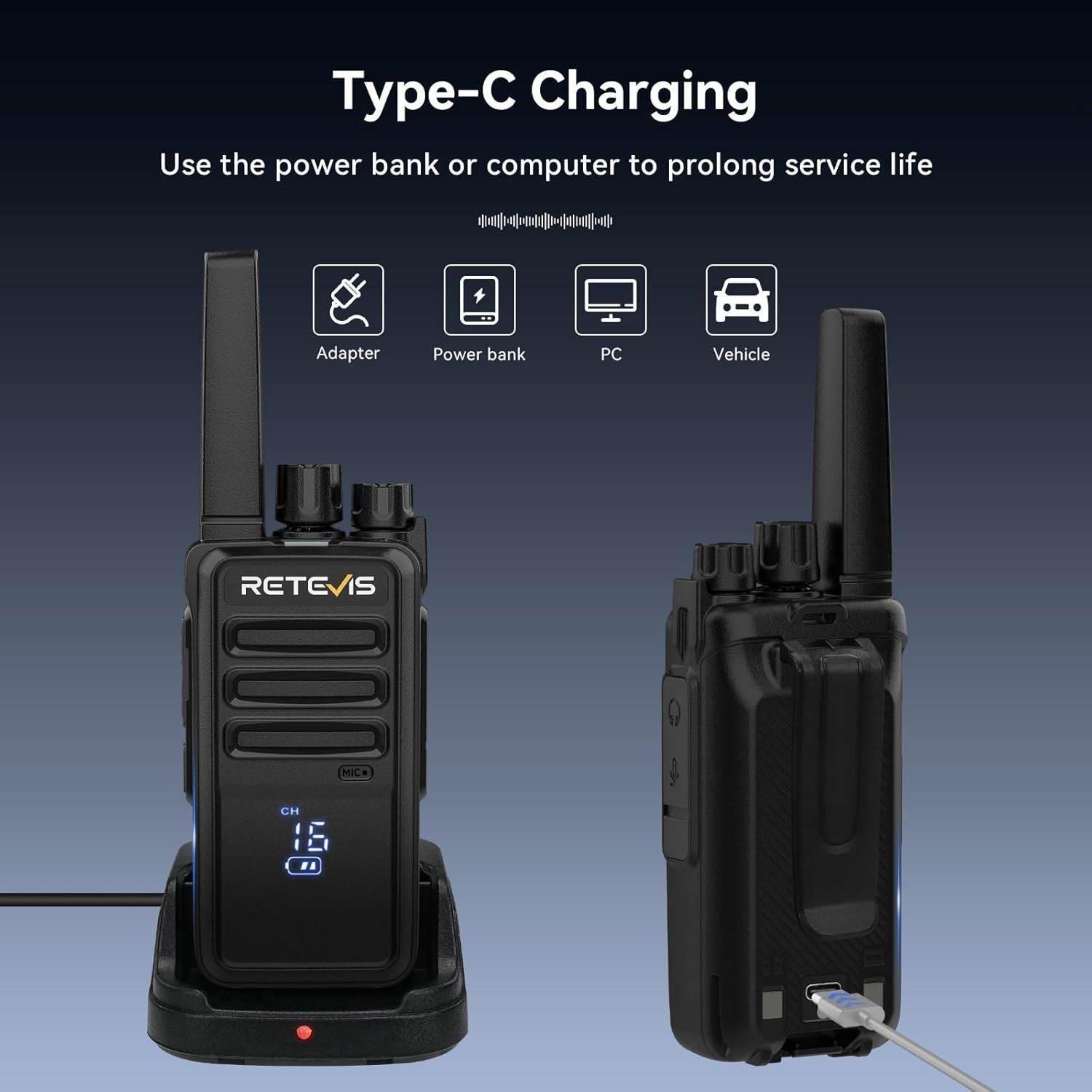 Rechargeable Walkie Talkies w Screen Type C VOX PMR446 2 Pack Black
