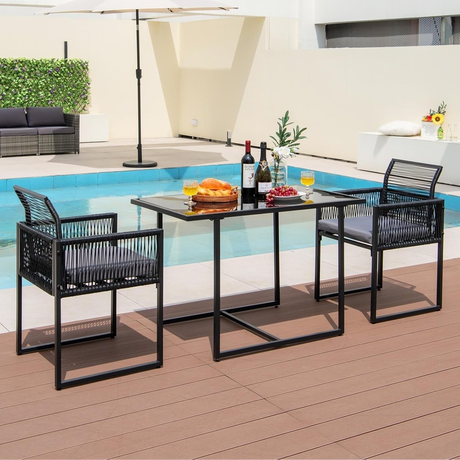3pc Patio Bistro Set Glass Table 2 Rattan Chairs Cushions Space Saving