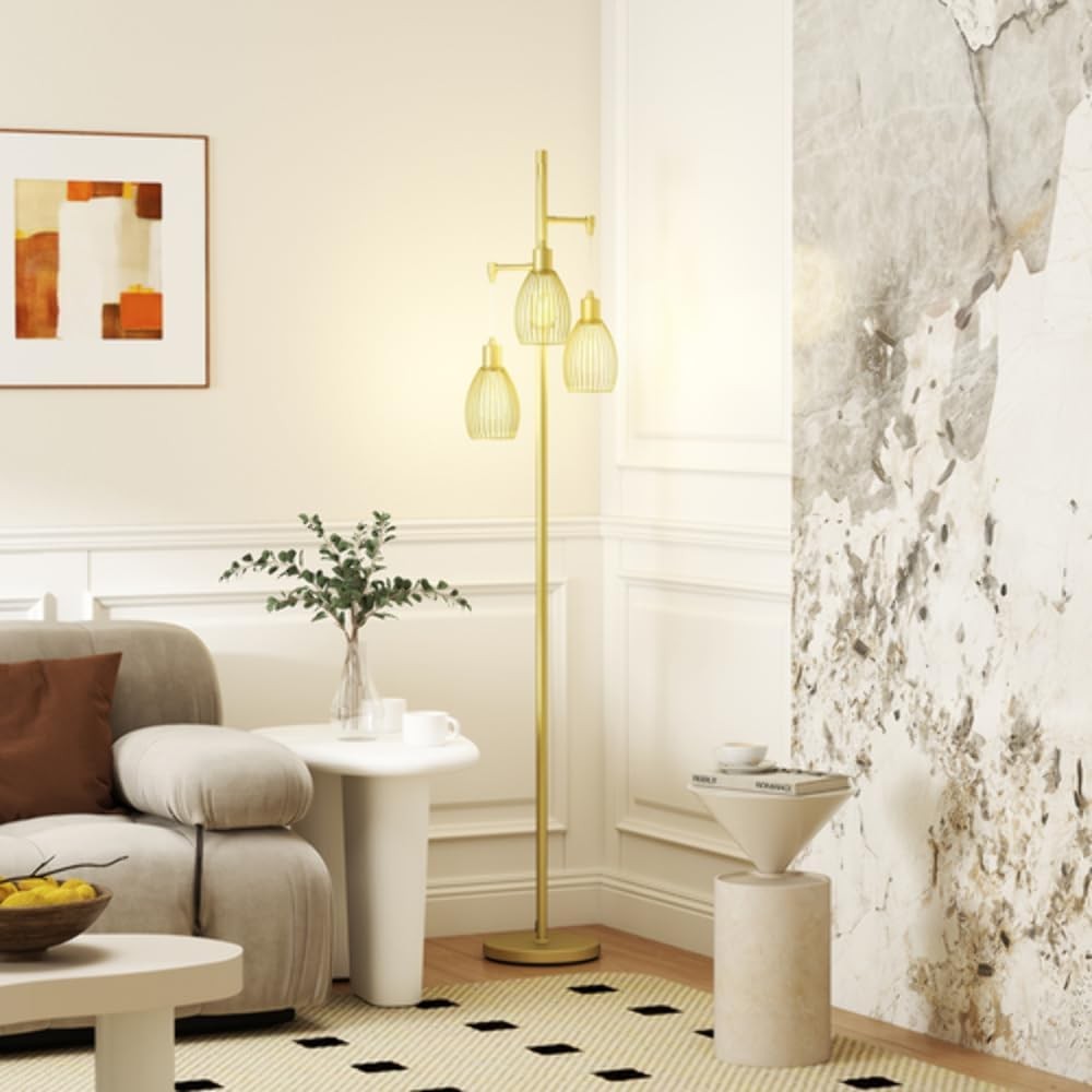 Gold Industrial 3 Light Floor Lamp Dimmable Steel Cage Standing Lamp