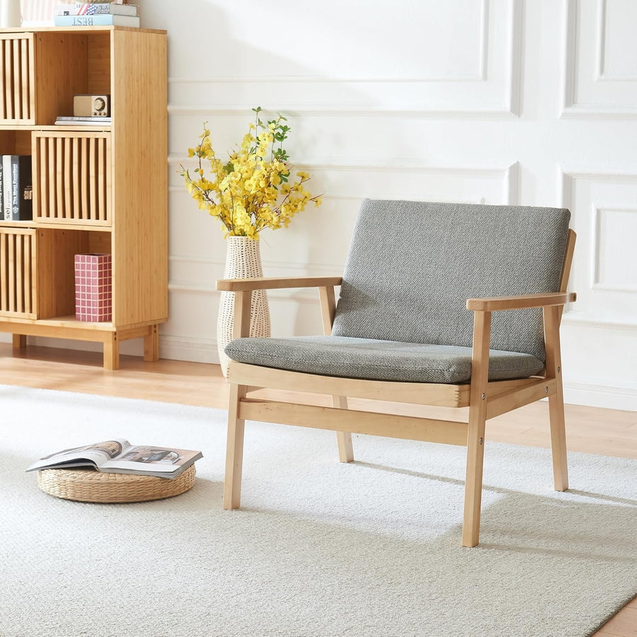 Rattan Accent Armchair Wooden Frame Padded Seat Lounge Chair Grey