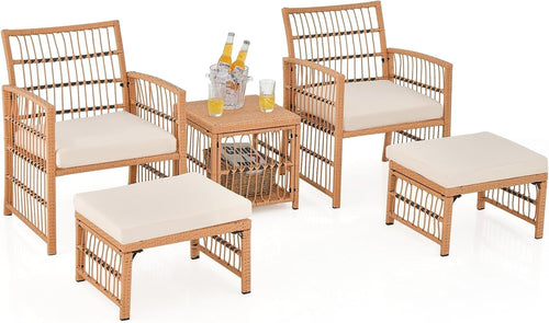 5pc Rattan Garden Furniture Set with Cushions, Table & Ottomans Patio