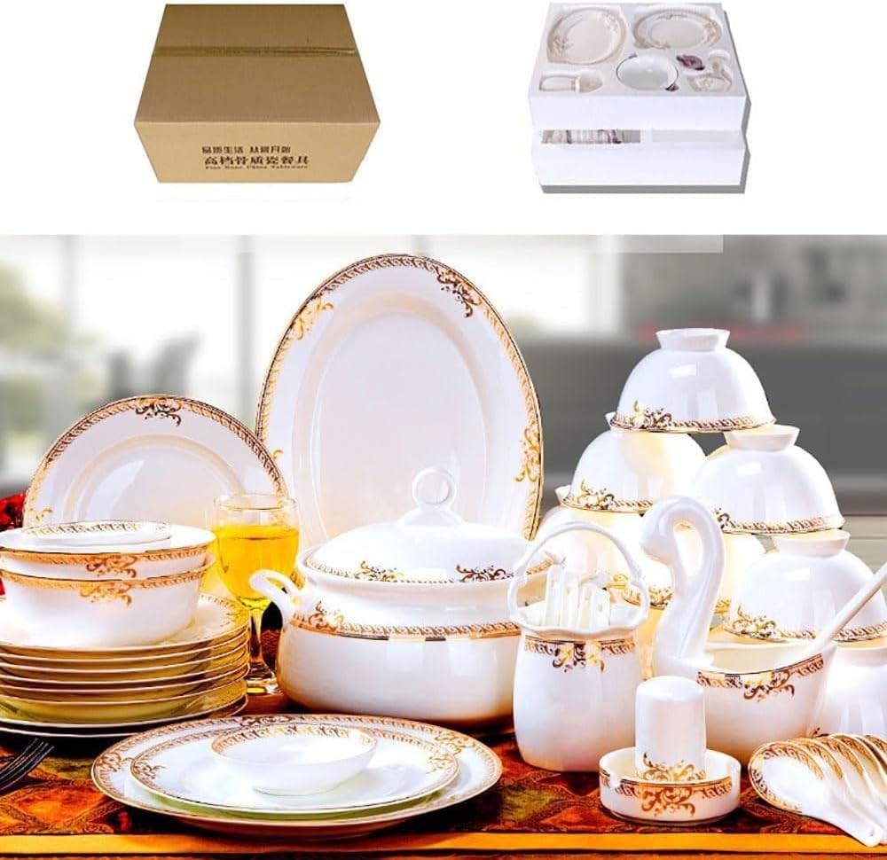 60 Piece Luxury Dinner Set Gold Rim Porcelain Plates Bowls Handmade China