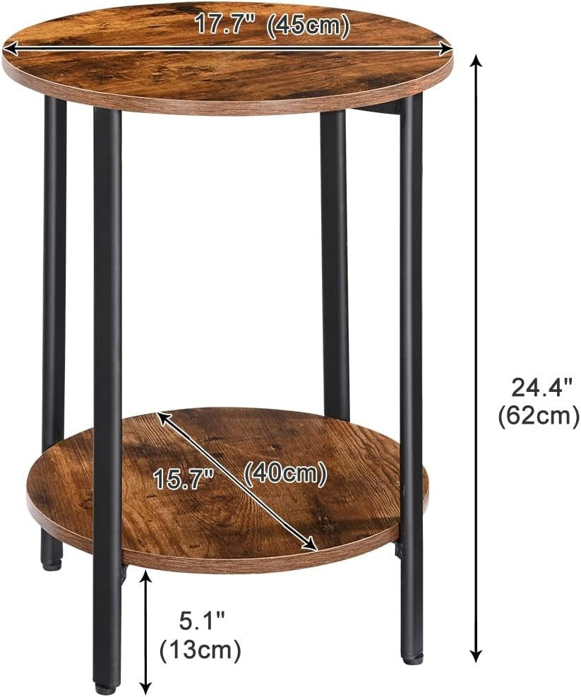 2-Tier Round Side Table with Storage, Rustic Brown Metal Frame End Table