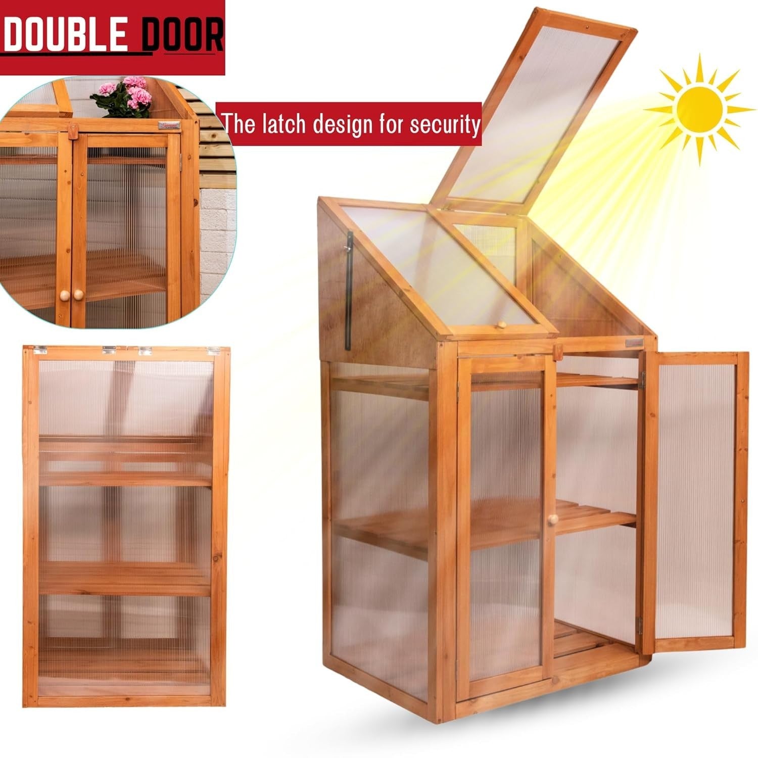 Wooden Mini Greenhouse Cold Frame with Polycarbonate Panels H120xW69xD49cm