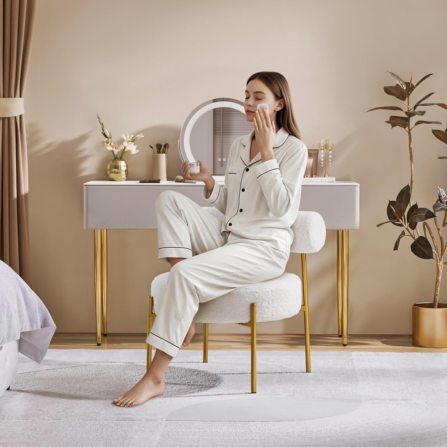 Boucle Tub Chair White Tufted Accent Armchair Gold Legs