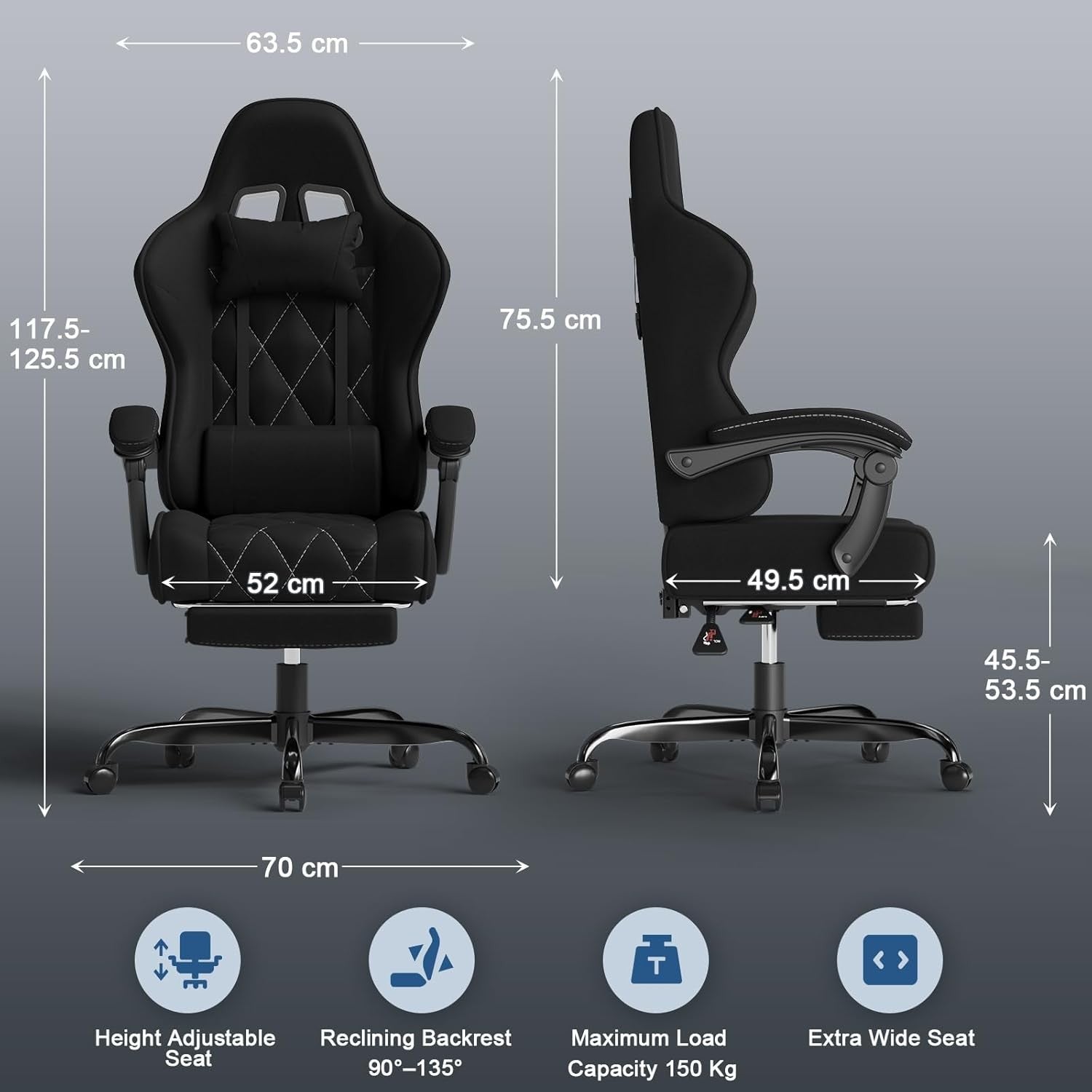 Ergonomic Fabric Gaming Chair Recliner w/ Footrest & Massage