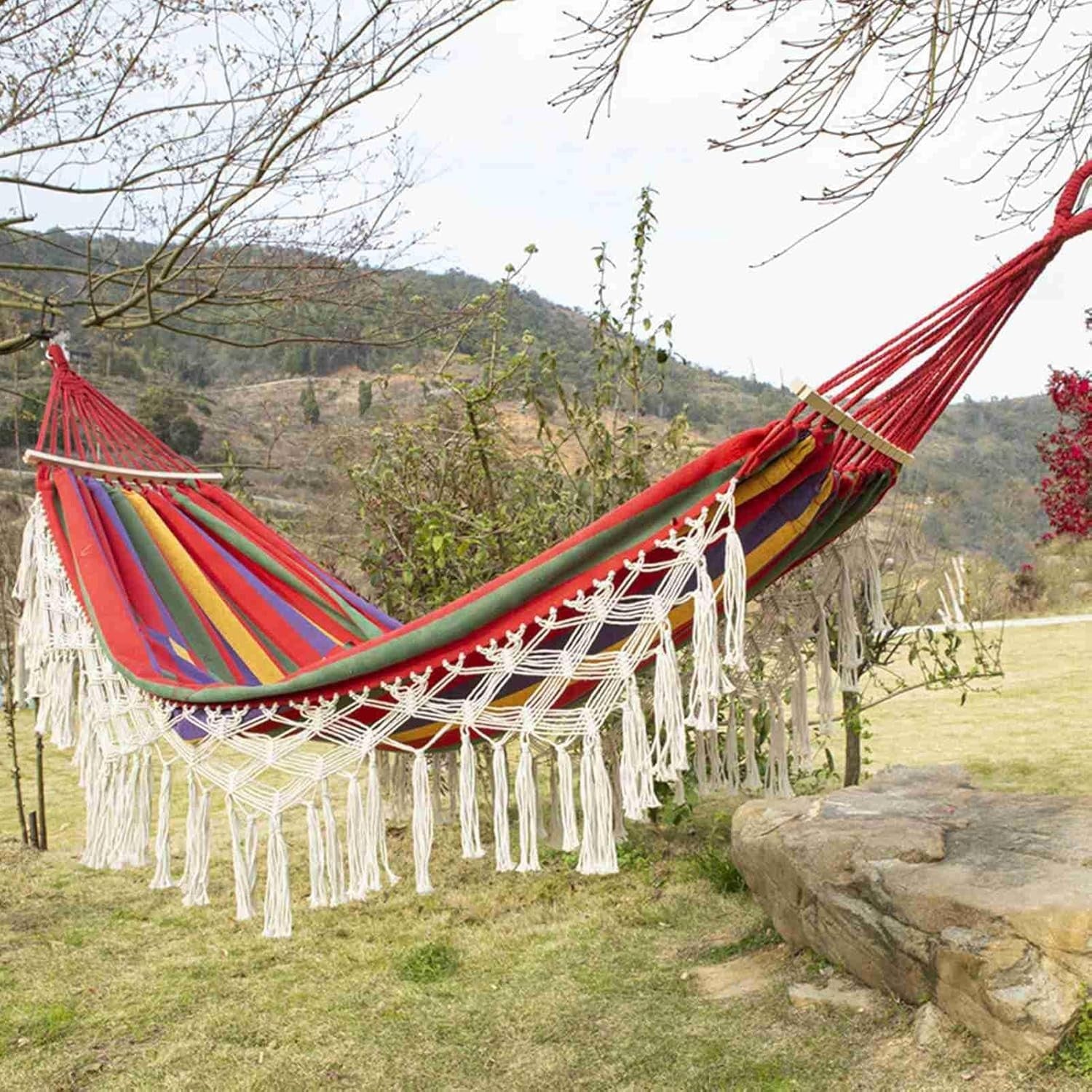 Premium Canvas Hammock with Wooden Bars, Portable, Indoor/Outdoor Use, Easy Setu