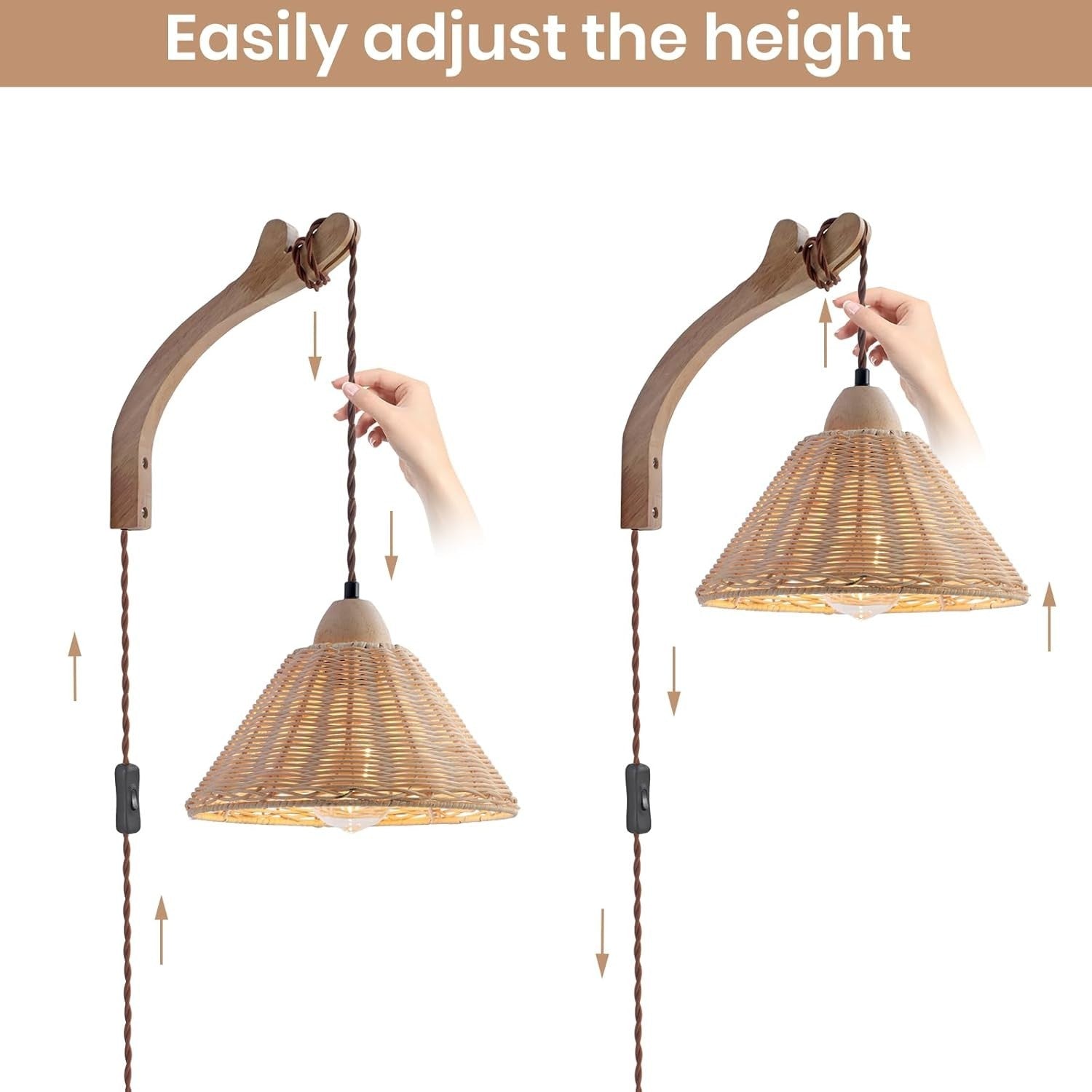 Boho Wall Light Plug In Rattan Sconce with Cord, Adjustable Farmhouse Lamp