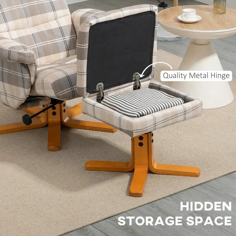 Linen Swivel Recliner Armchair with Footstool Storage & Wood Base