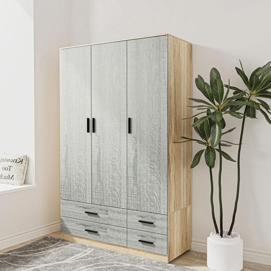 Oak & Ash Grey Wardrobe 3 Door 4 Drawer Storage Modern Bedroom Closet