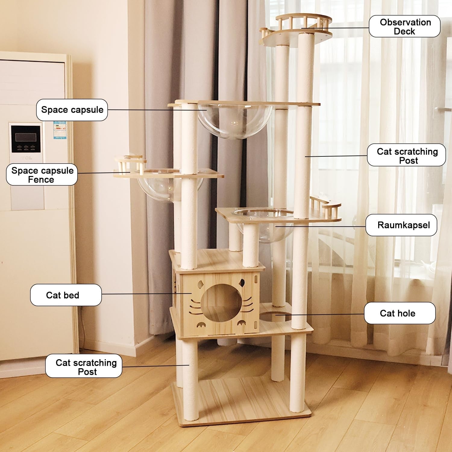 185cm Cat Tree Tower White & Wood Multi Level Scratching Posts Condo Capsules