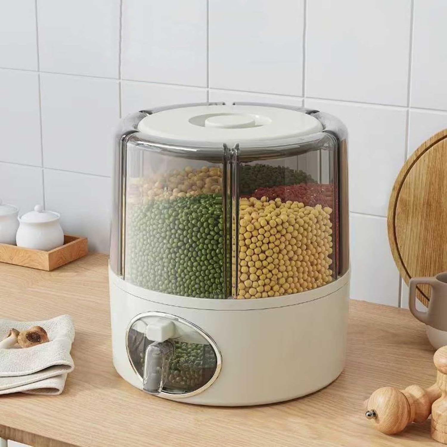 360° Rotating Grain Storage Container 6 Compartment Rice Dispenser