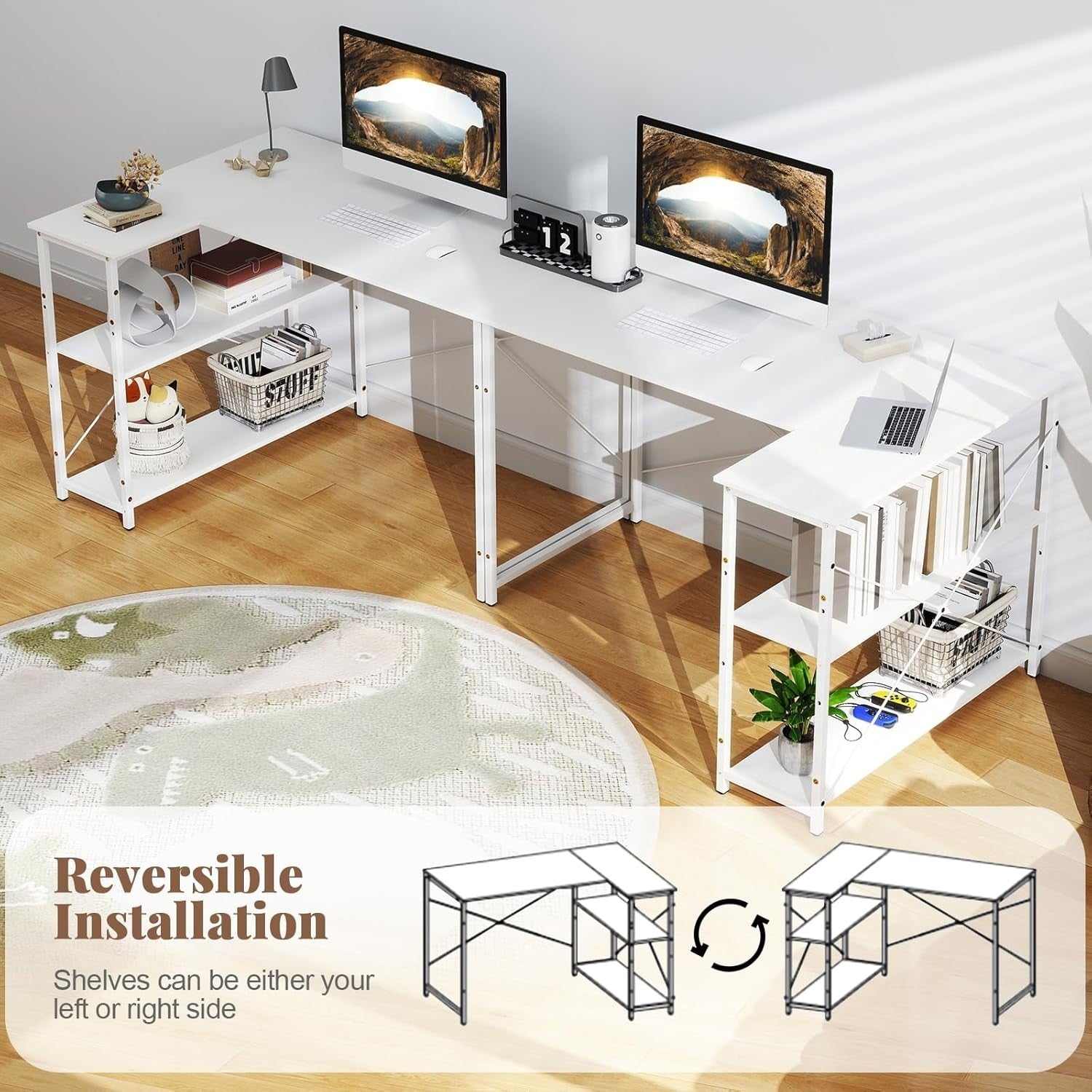 Modern White L-Shaped Corner Desk w/Adjustable Shelves & Metal Frame