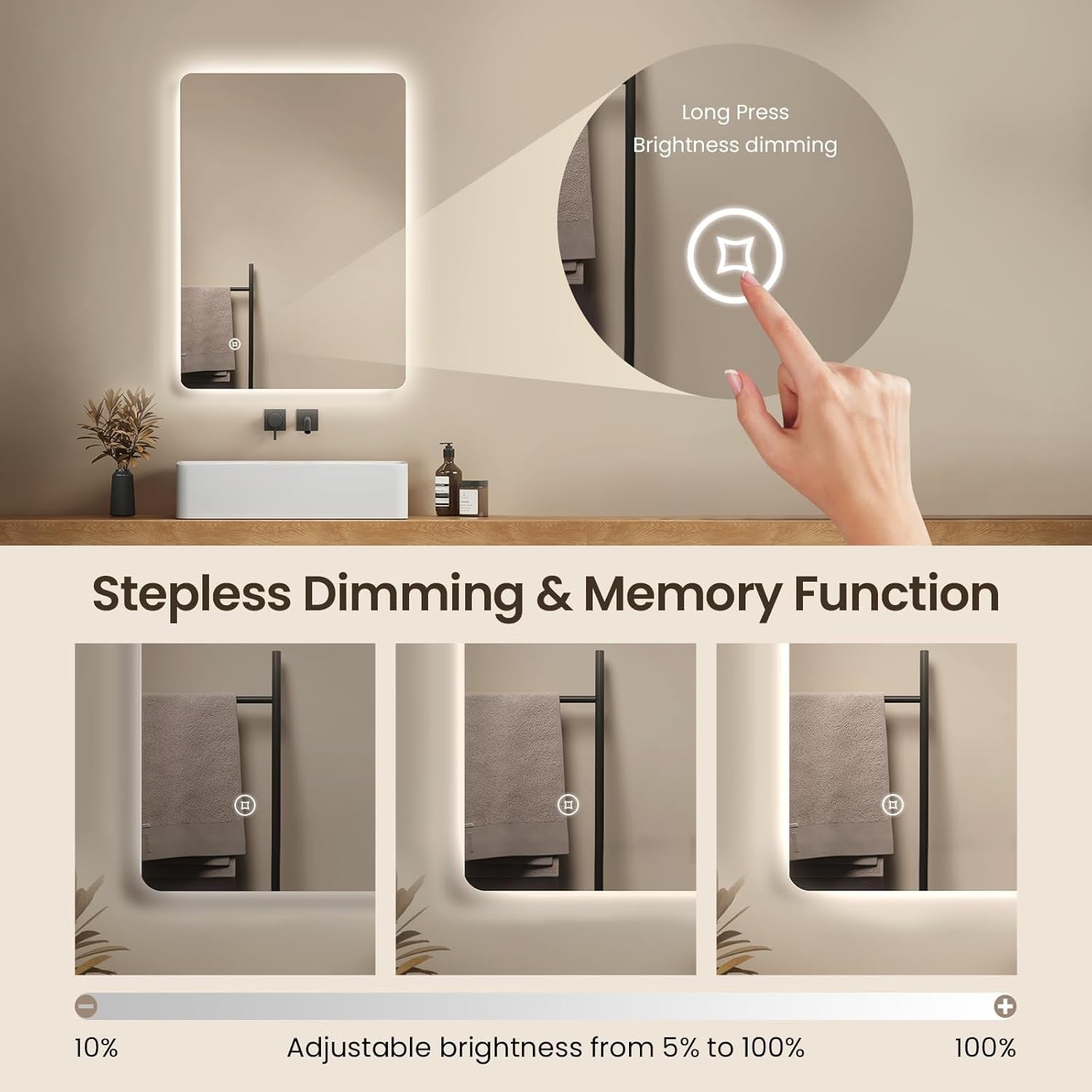 LED Bathroom Mirror 50x70cm Anti-Fog Backlit Touch Sensor Shaver Socket