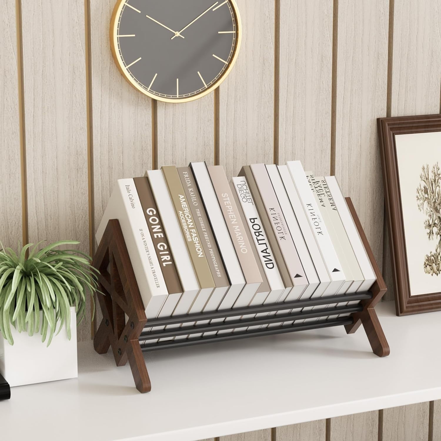 Wood Tilting Desktop Bookcase Organizer Rack for Books CDs Magazines Brown