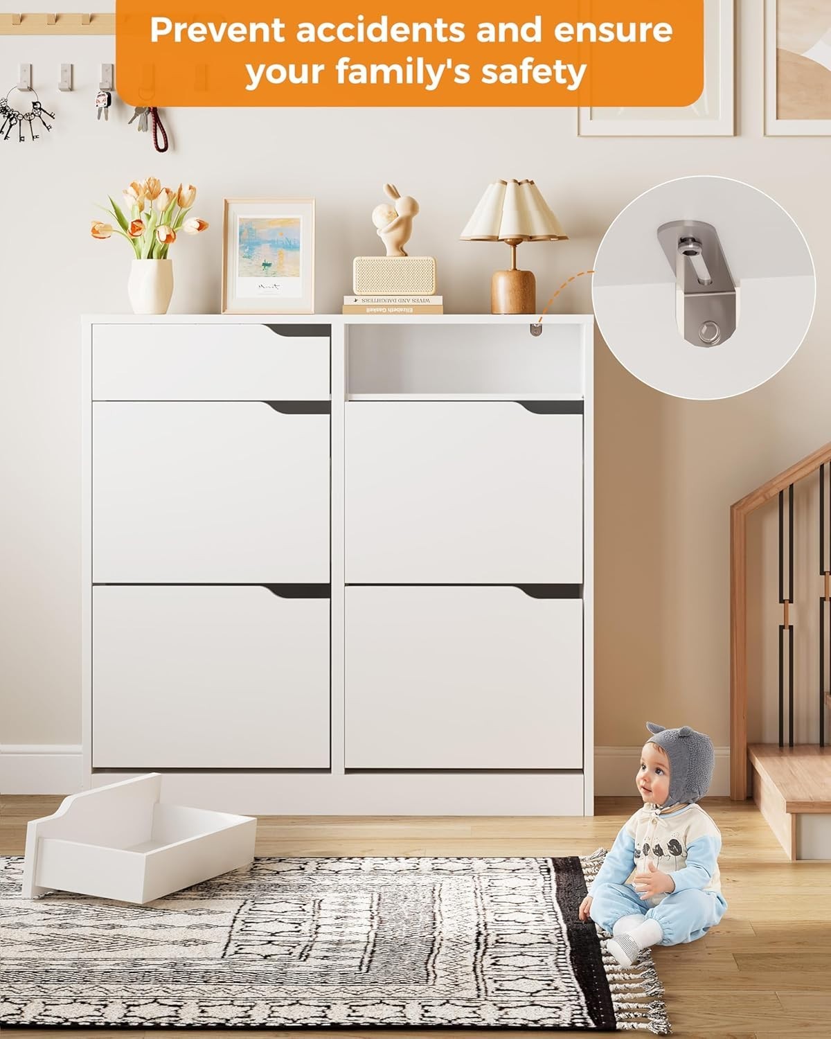 Modern Slim Shoe Cabinet with 4 Flip Drawers & 2 Storage Drawers – White