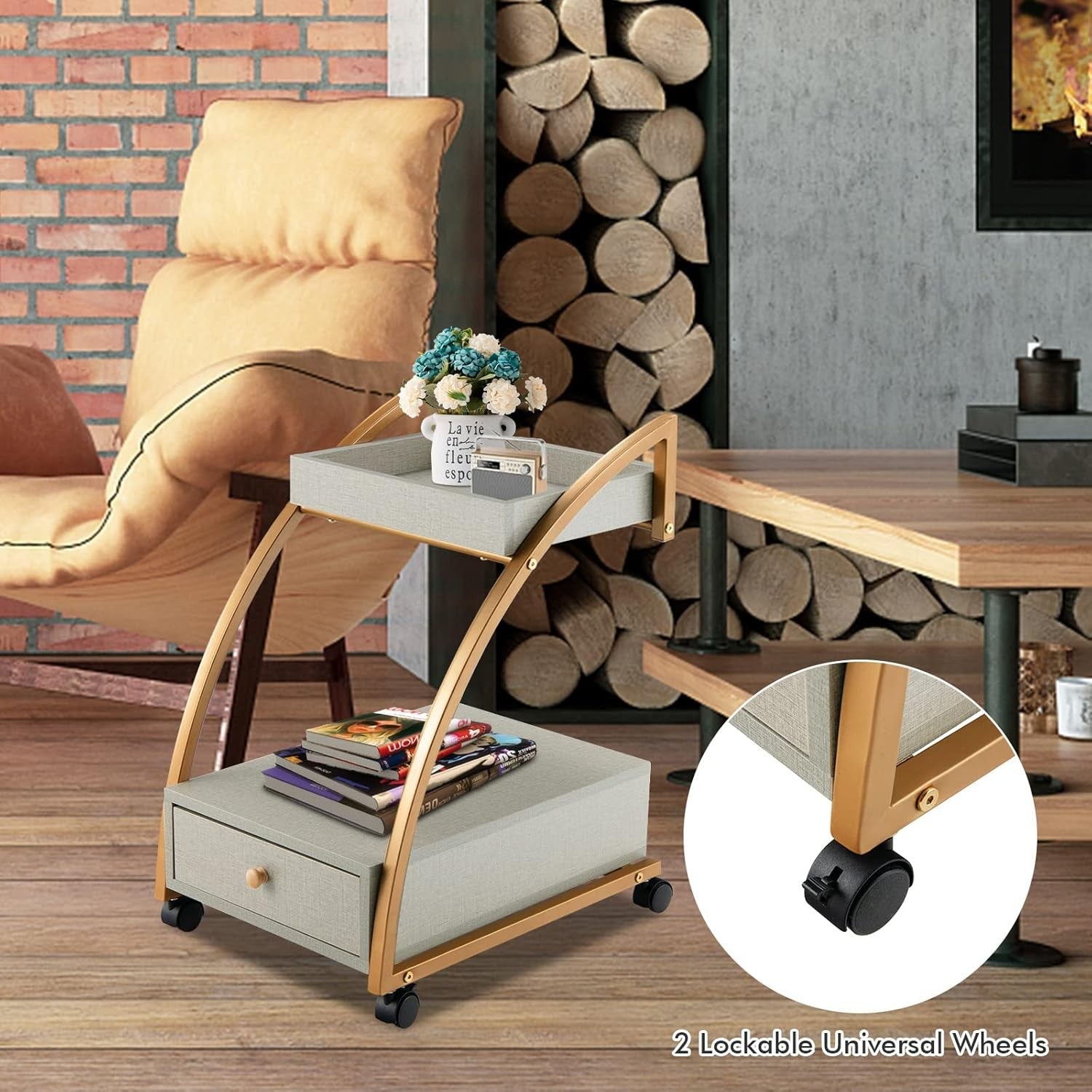 Rolling Sofa Side Table with Tray & Drawer | Mobile Bedside Cart on Wheels Gold