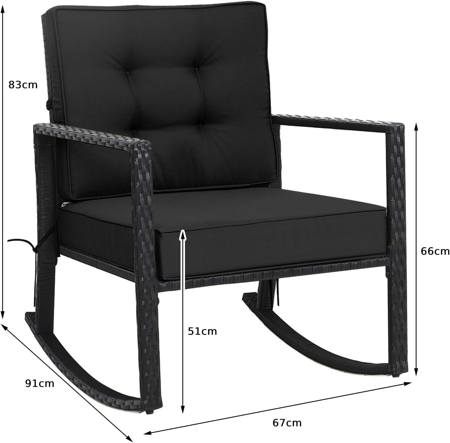 Outdoor Rattan Rocking Chair Black with Cushions, Armrests & Iron Frame