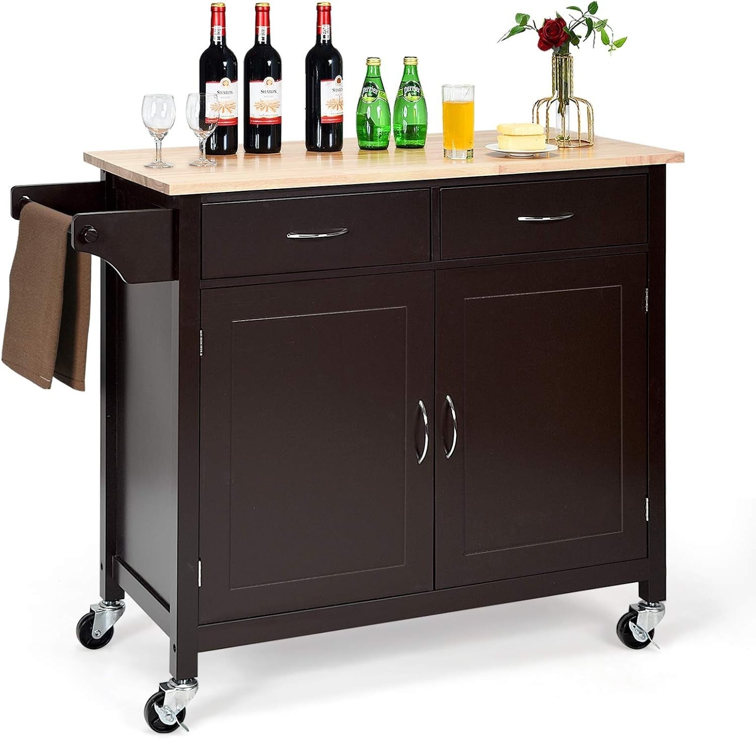 Rolling Kitchen Island Cart with 2 Drawers, Adjustable Shelf & Towel Rack.