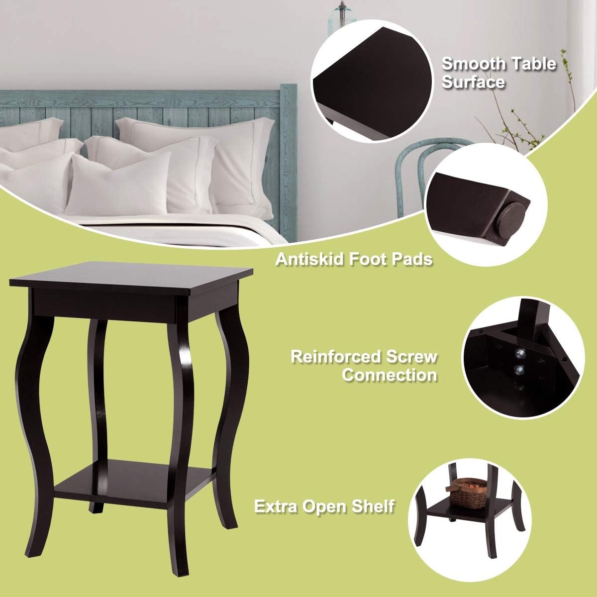 Set of 2 Coffee Brown Wooden Bedside Tables – Modern 2-Tier Side Tables 40×40×60