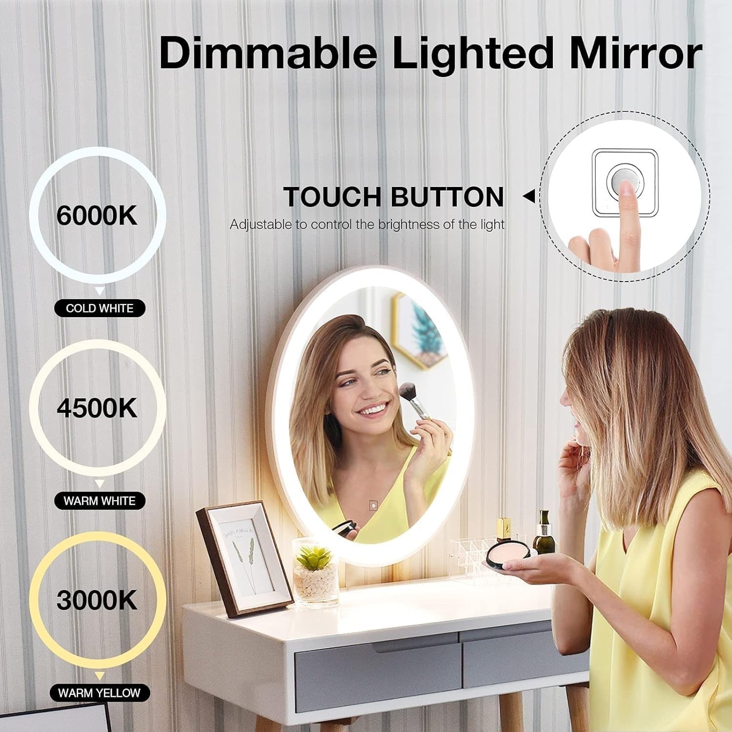Vanity Makeup Dressing Table Set W/ Lighted Oval Mirror Stool 2 Drawers Storage