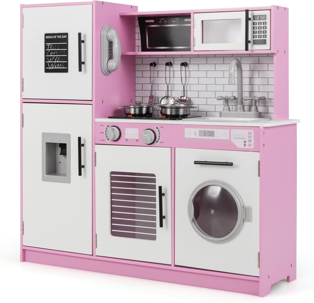Kids Wooden Play Kitchen Set w/ Lights Sounds Oven Microwave Pink