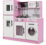 Kids Wooden Play Kitchen Set w/ Lights Sounds Oven Microwave Pink