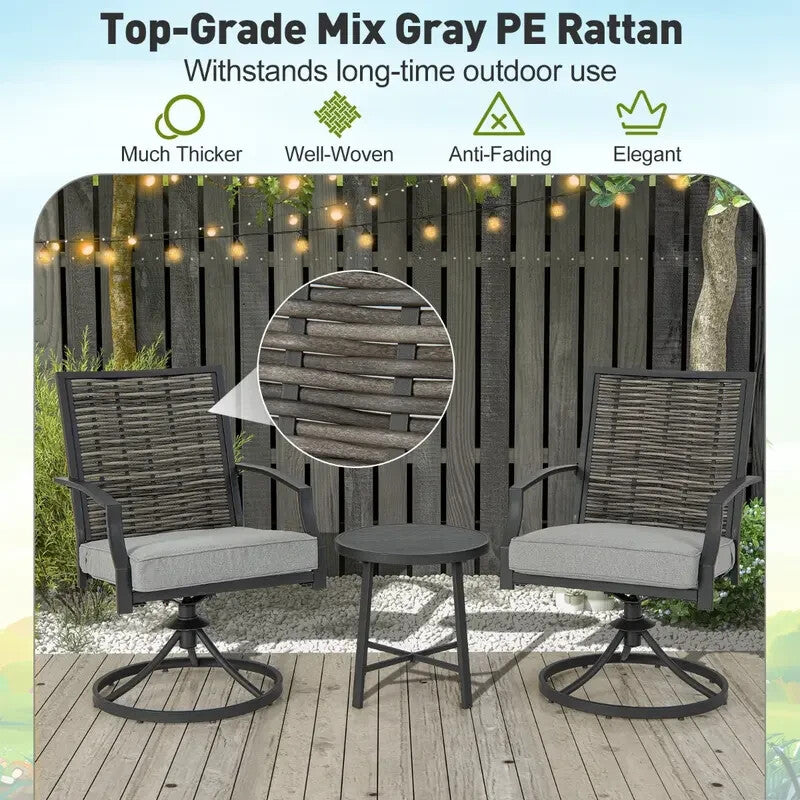 3pc Patio Swivel Chair Bistro Set w/Table Rattan Cushions Garden Deck
