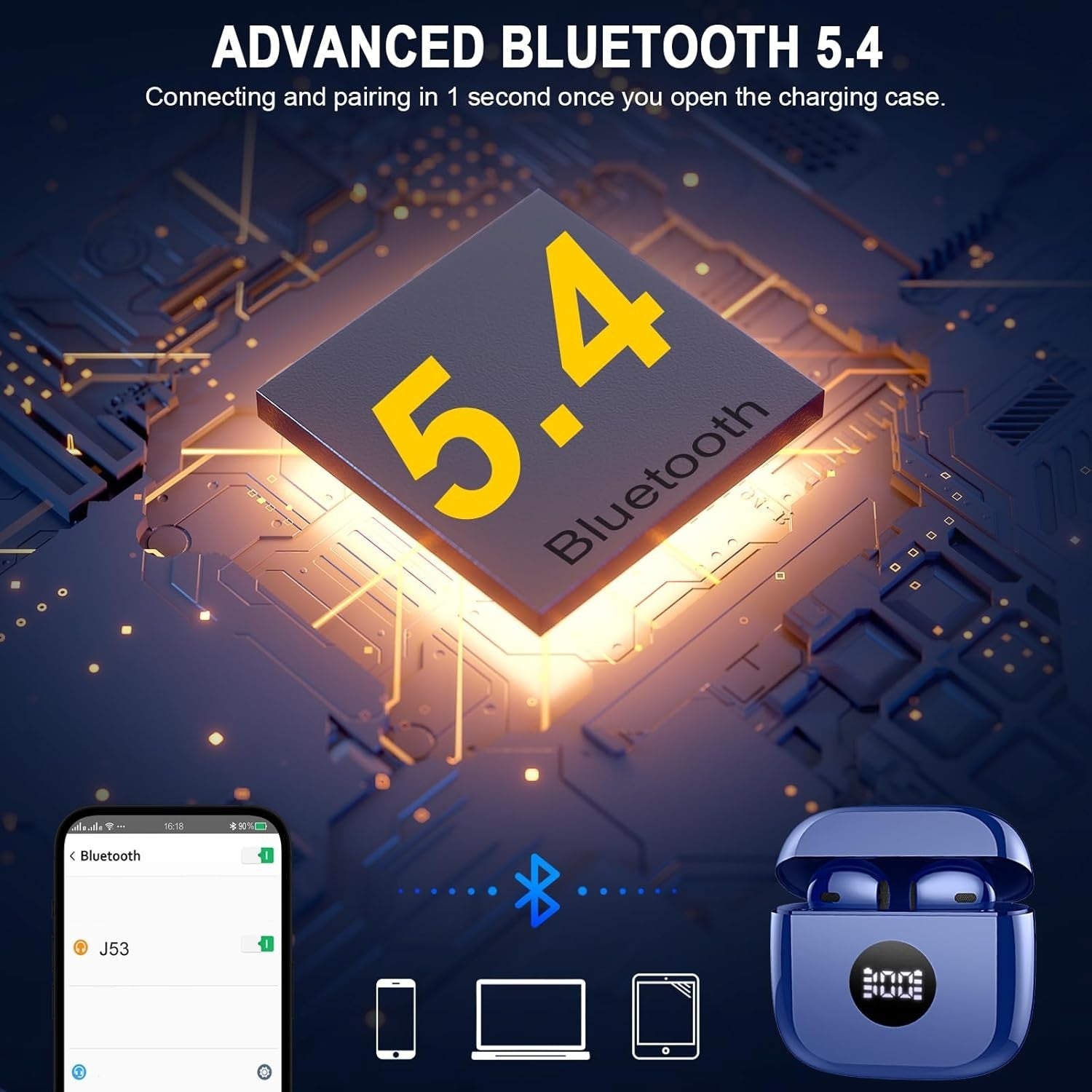 Bluetooth 5.4 Blue Earbuds ENC Mic 40H Deep Bass Touch LED IP7