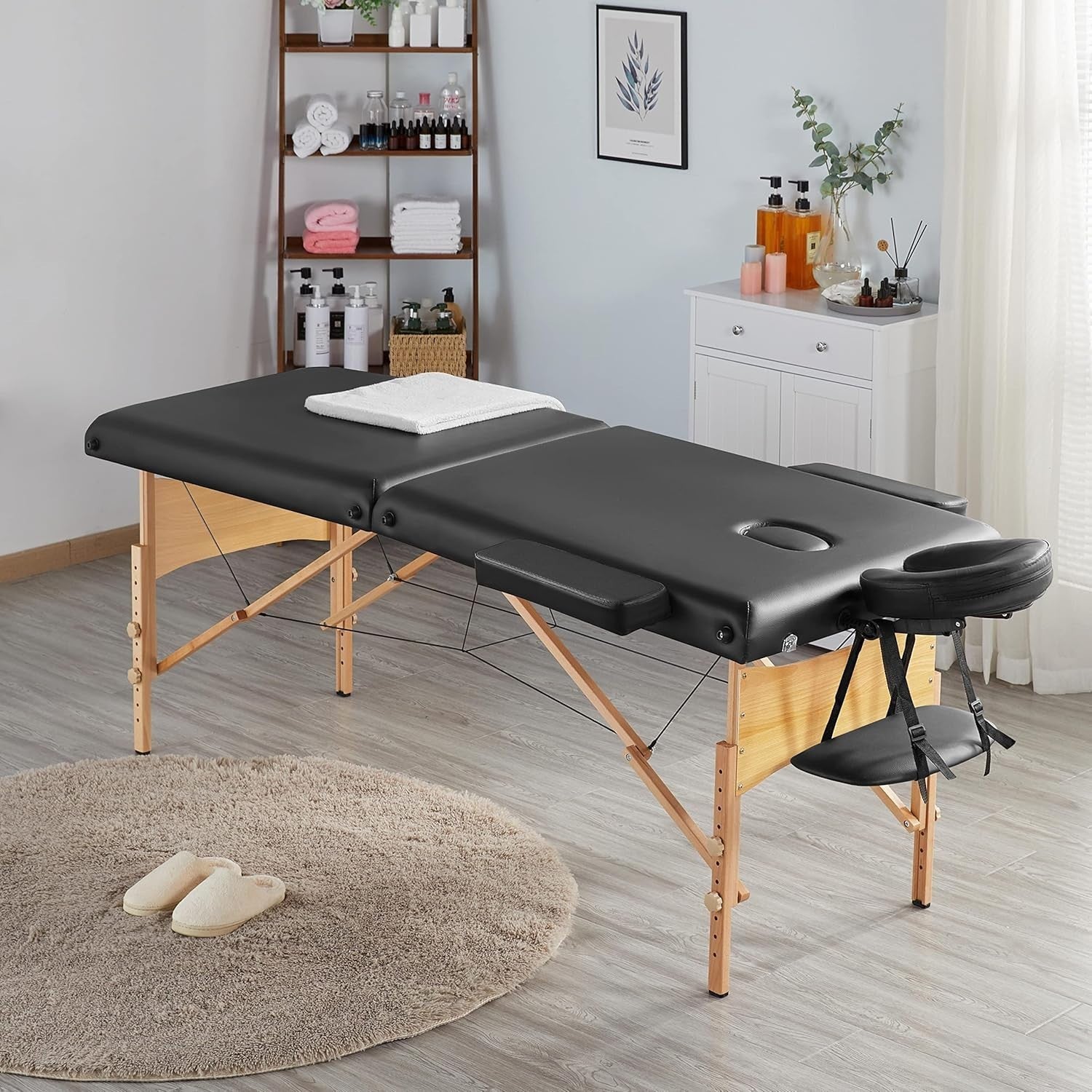 Portable Wood Massage Table 2-Section Folding Beauty Lash Bed Black 70cm Width