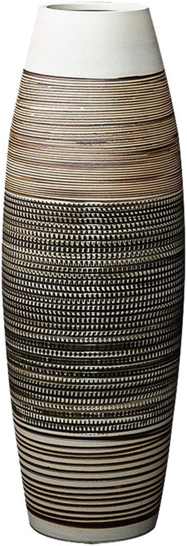 Tall Floor Vase 50cm Handmade Ceramic Brown Black Stripe Modern Home Decor