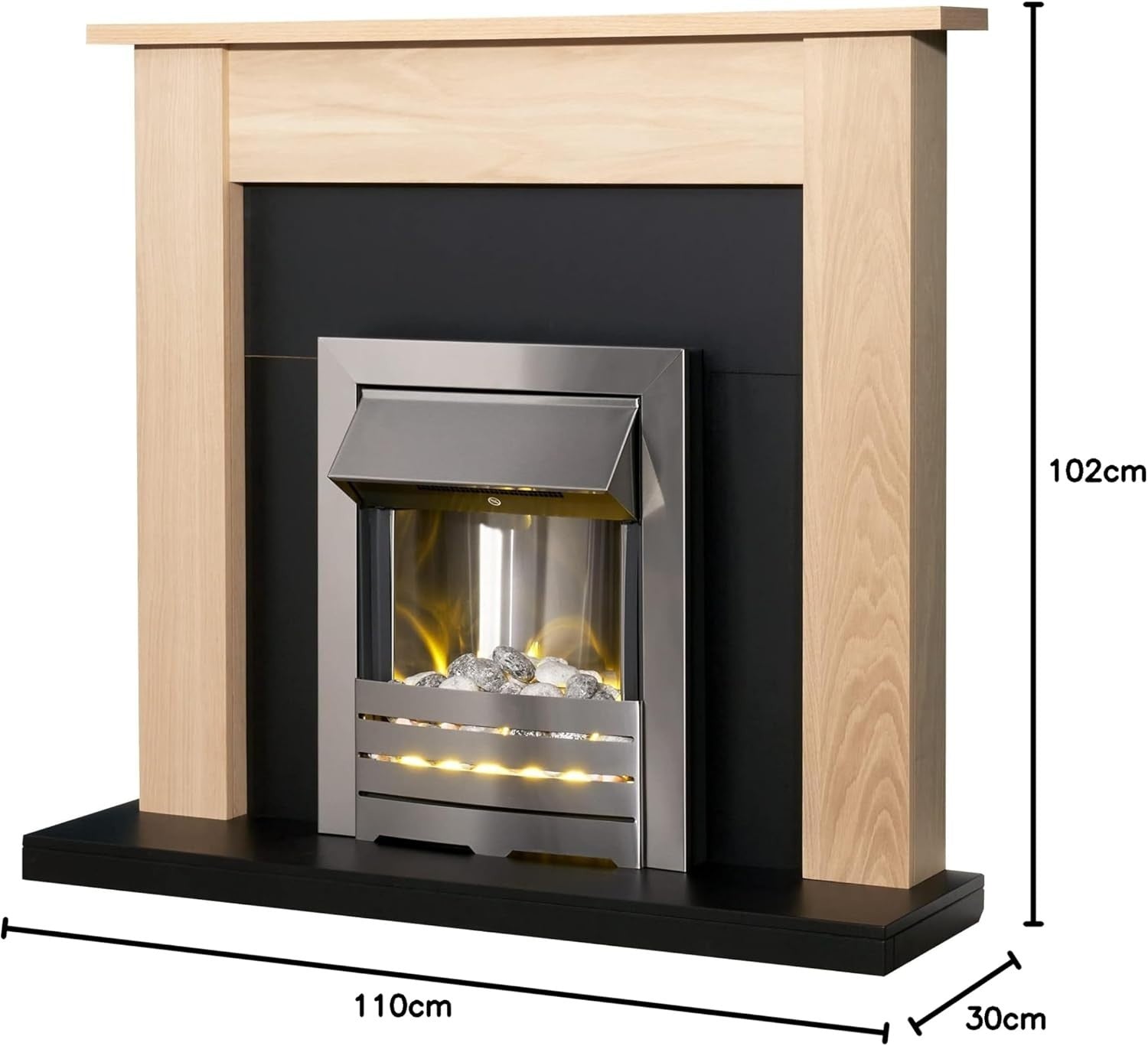 Electric Fireplace Suite Oak & Black 43" Brushed Steel 2kW Wall Fire