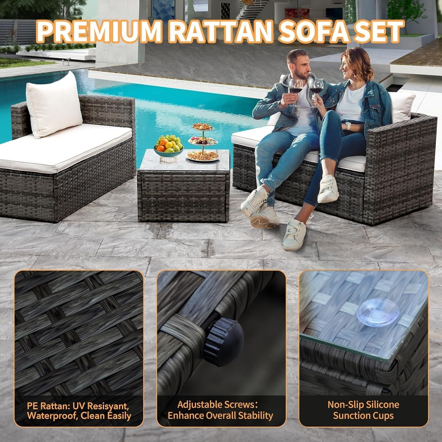 3pc Rattan Garden Sofa Set L-Shape Patio Furniture with Table Grey Cushions