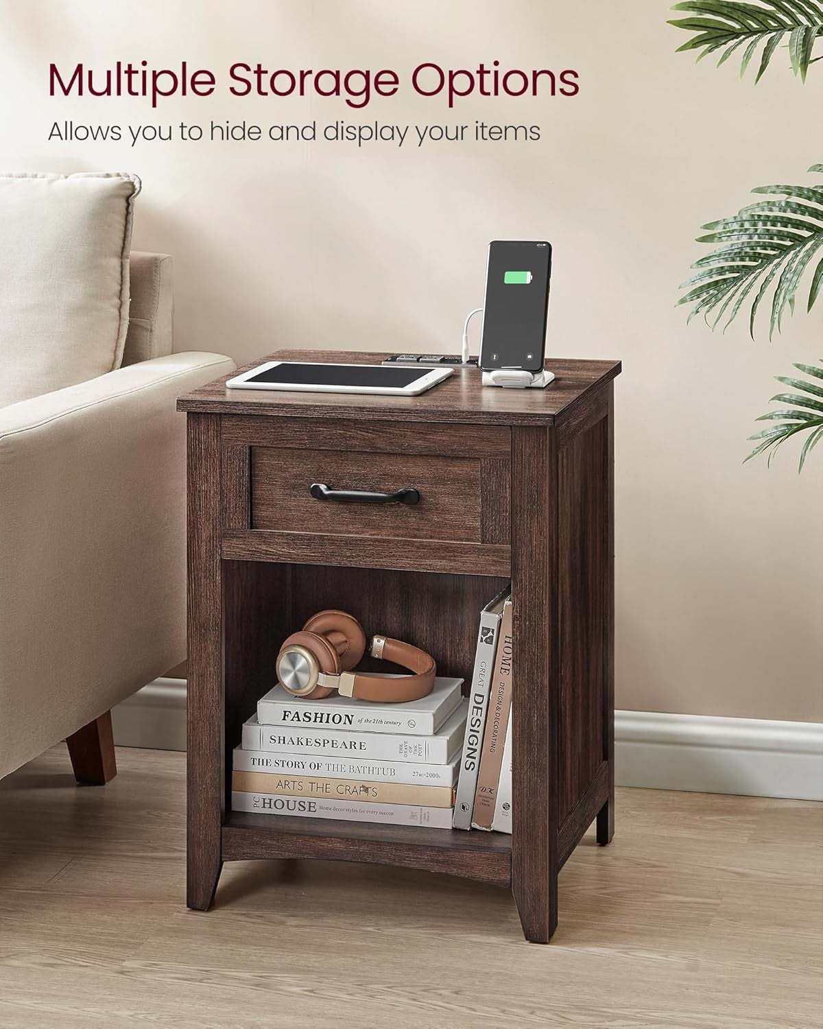 Farmhouse Bedside Table with Charging Station, Drawer & Open Shelf – Maroon Brow