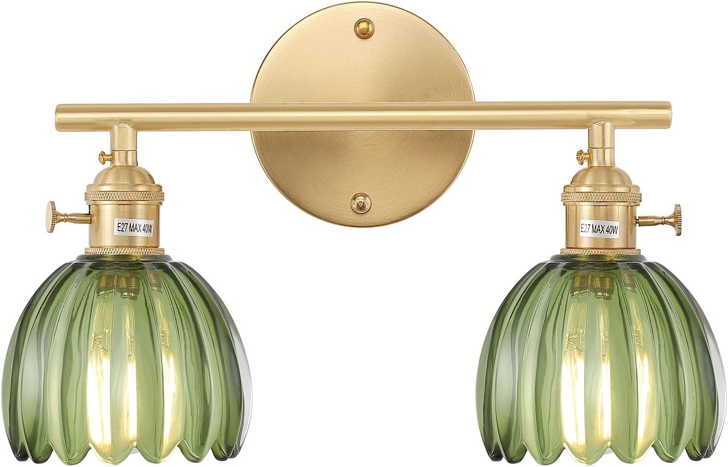 2-Light Green Glass Wall Sconce Vanity Light Brass Fixture for Bathroom