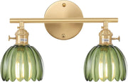 2-Light Green Glass Wall Sconce Vanity Light Brass Fixture for Bathroom