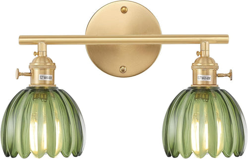 2-Light Green Glass Wall Sconce Vanity Light Brass Fixture for Bathroom