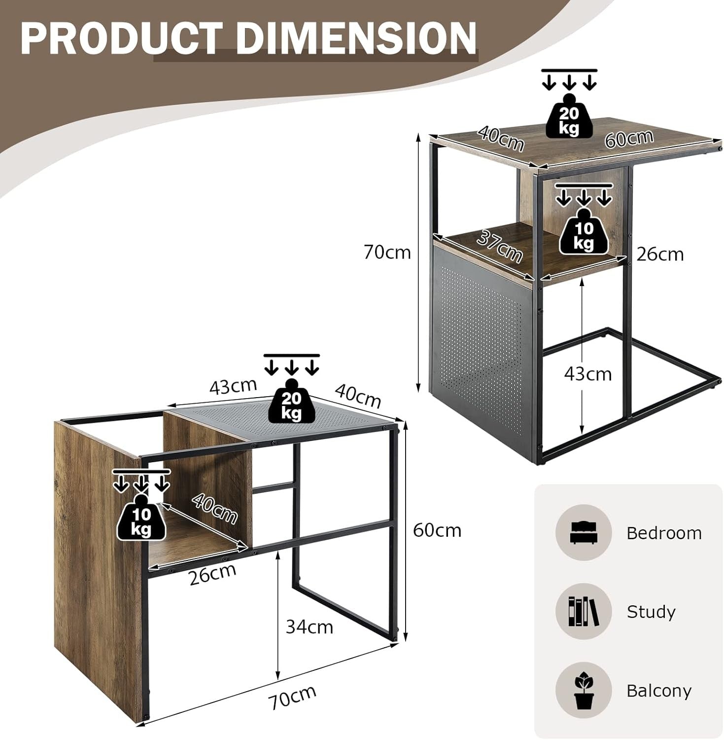 Reversible C-Shaped Industrial Side Table with Storage Shelf – Metal & Wood Beds