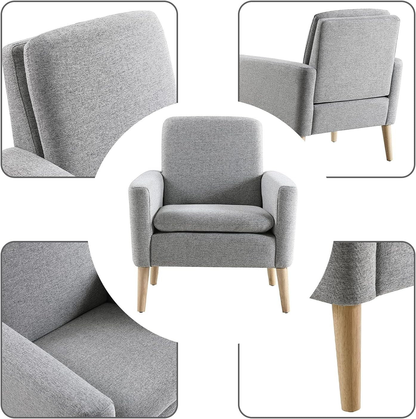 Grey Linen Accent Armchair Comfy Lounge Chair for Bedroom Office Home