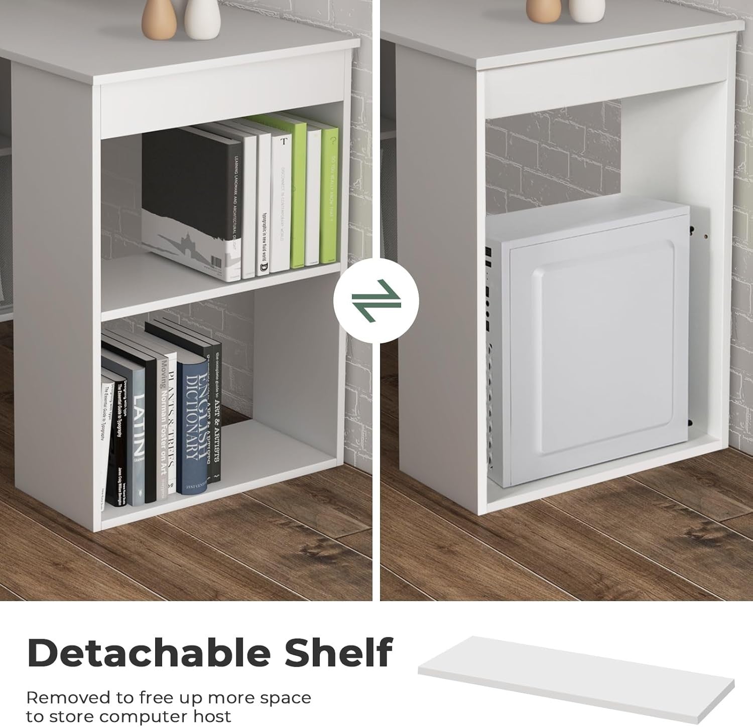 White Computer Desk 122x52cm w/6-Tier Storage Shelves, Home Office Table
