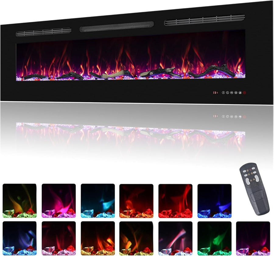 60” Wall Mounted Electric Fireplace Heater LED Flame, Remote & Timer