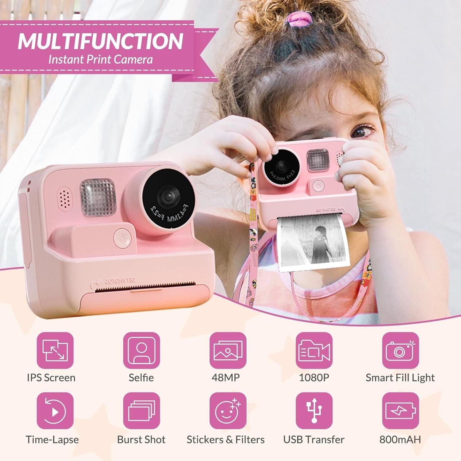 Kids Instant Print Camera 48MP Zero Ink 32GB Selfie Video Pink