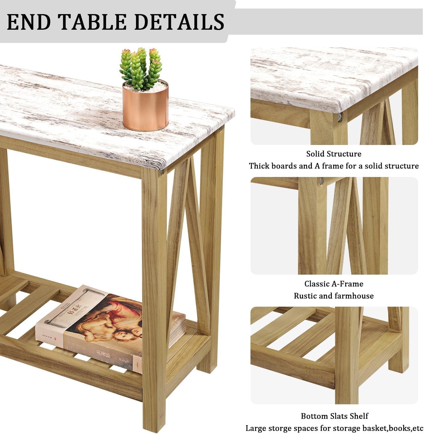 Farmhouse Narrow Table for Small Spaces End Side Table with Storage Shelf Rectan